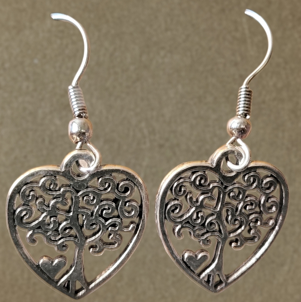 Silver Heart Tree of Life Earrings